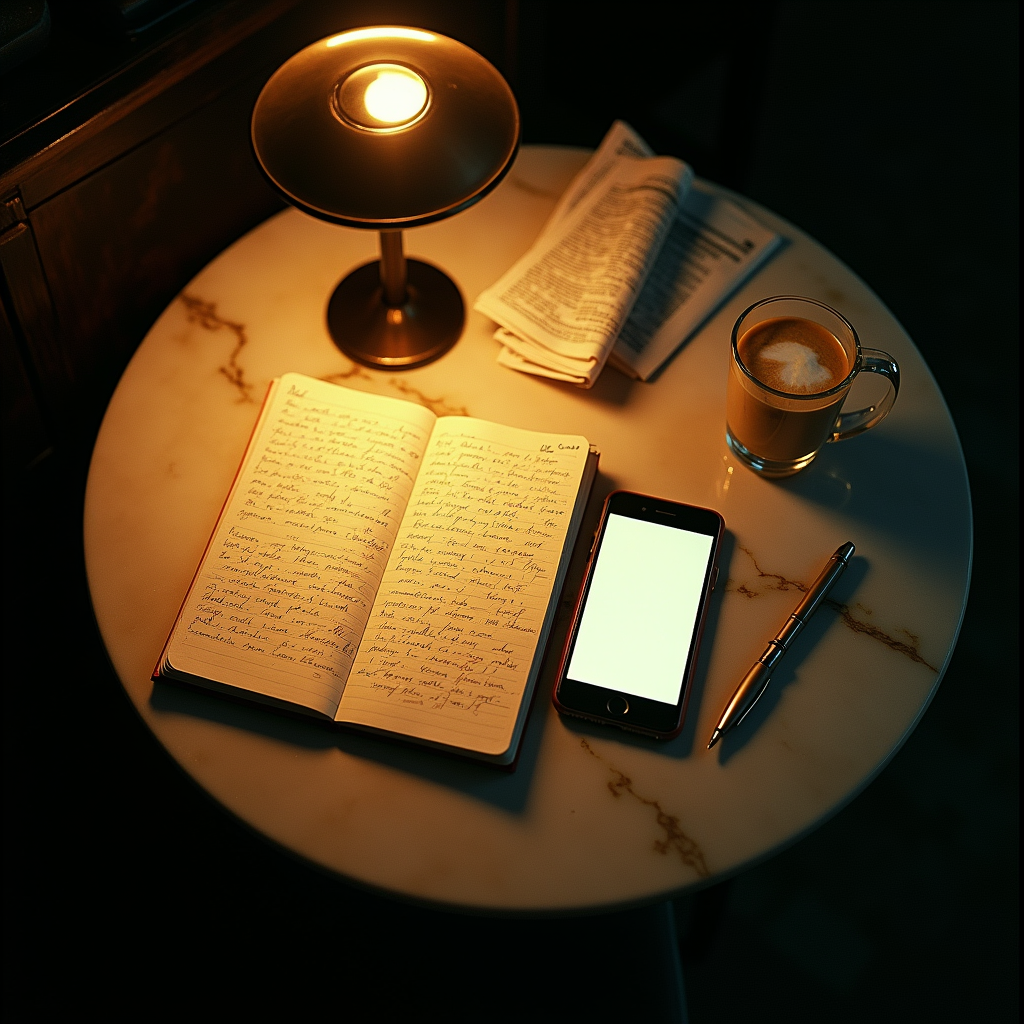 Una libreta abierta con un ejercicio tachado y reescrito, un móvil encendido y un cortado sobre la mesa de un café de noche